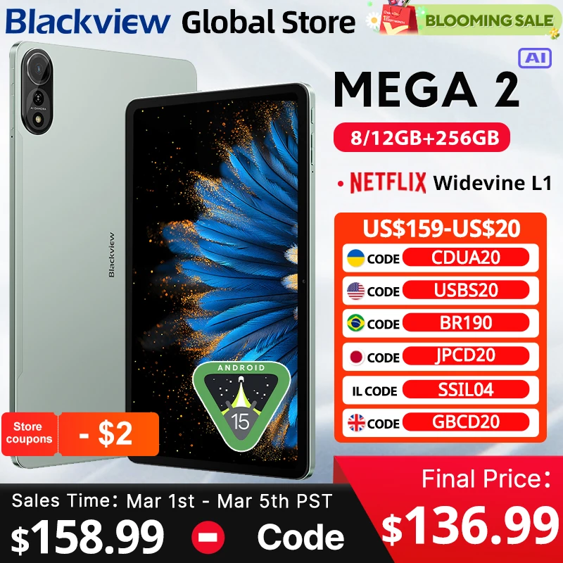 Blackview mega 2 tablets 12 polegadas 2k display widevine l1 android 15 24gb (8 + 16), 256gb 9000mah ai câmera principal almofada pc