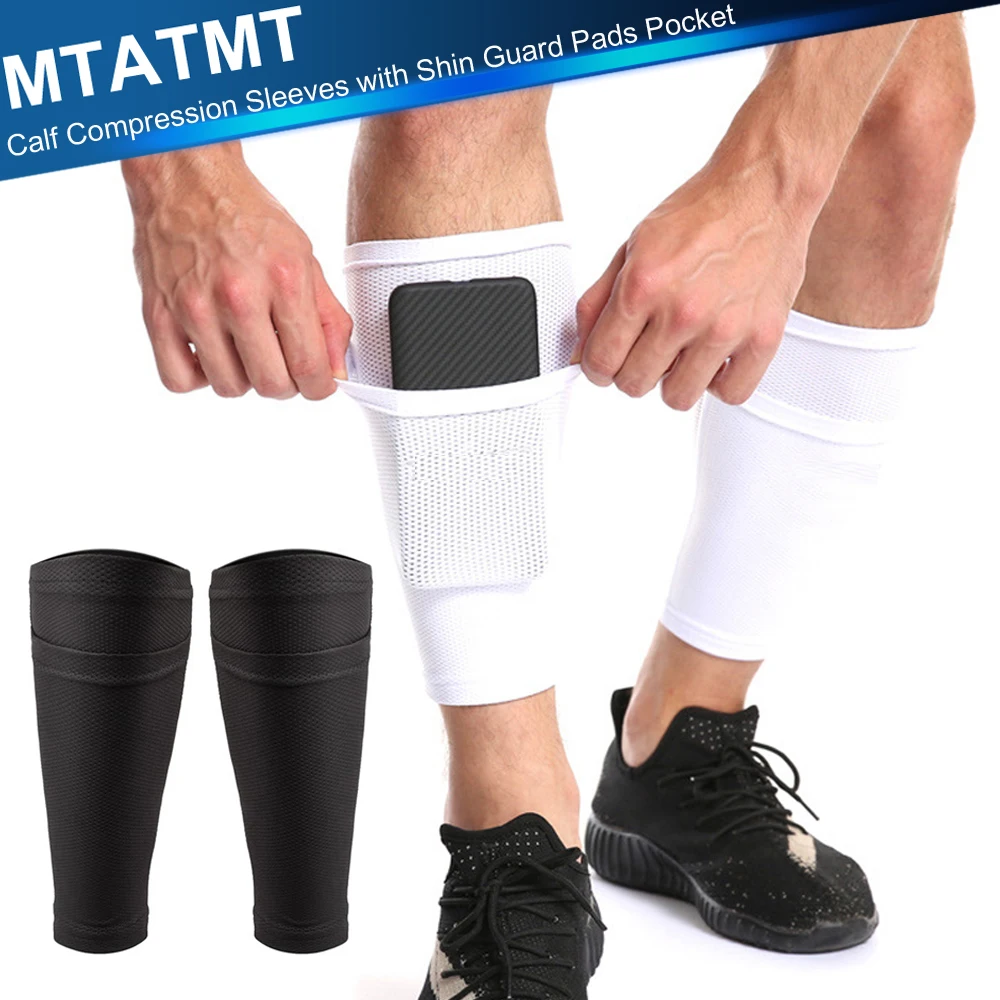 1Pair Calf Compression Sleeves with Shin Guard Pads Pocket - Leg Sleeve and Shin Splints Support - Ideal for Leg Cramp Relief