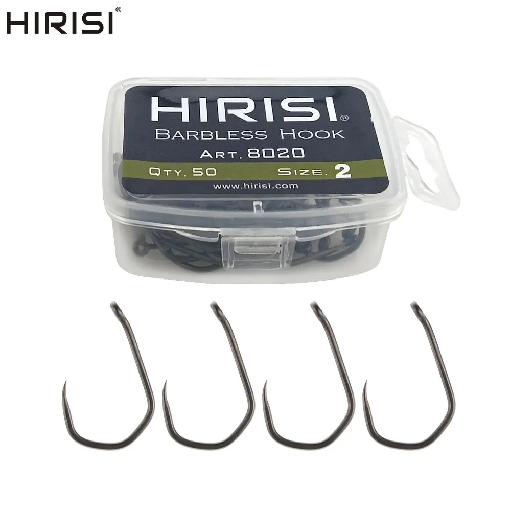 Hirisi 50pcs PTFE Coated High Carbon Stainless Steel Barbless Fish Hook With Eye 8020 Fishing Accessories