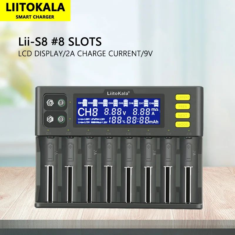 LiitoKala-carregador de bateria, Lii-S8, Lii-S12, 18650, 3.7V, Li-ion, NiMH, 1.2V, 9V, Li-FePO4, 3.2V, IMR, 3.8V, 26650, 21700, 26700, AA AAA