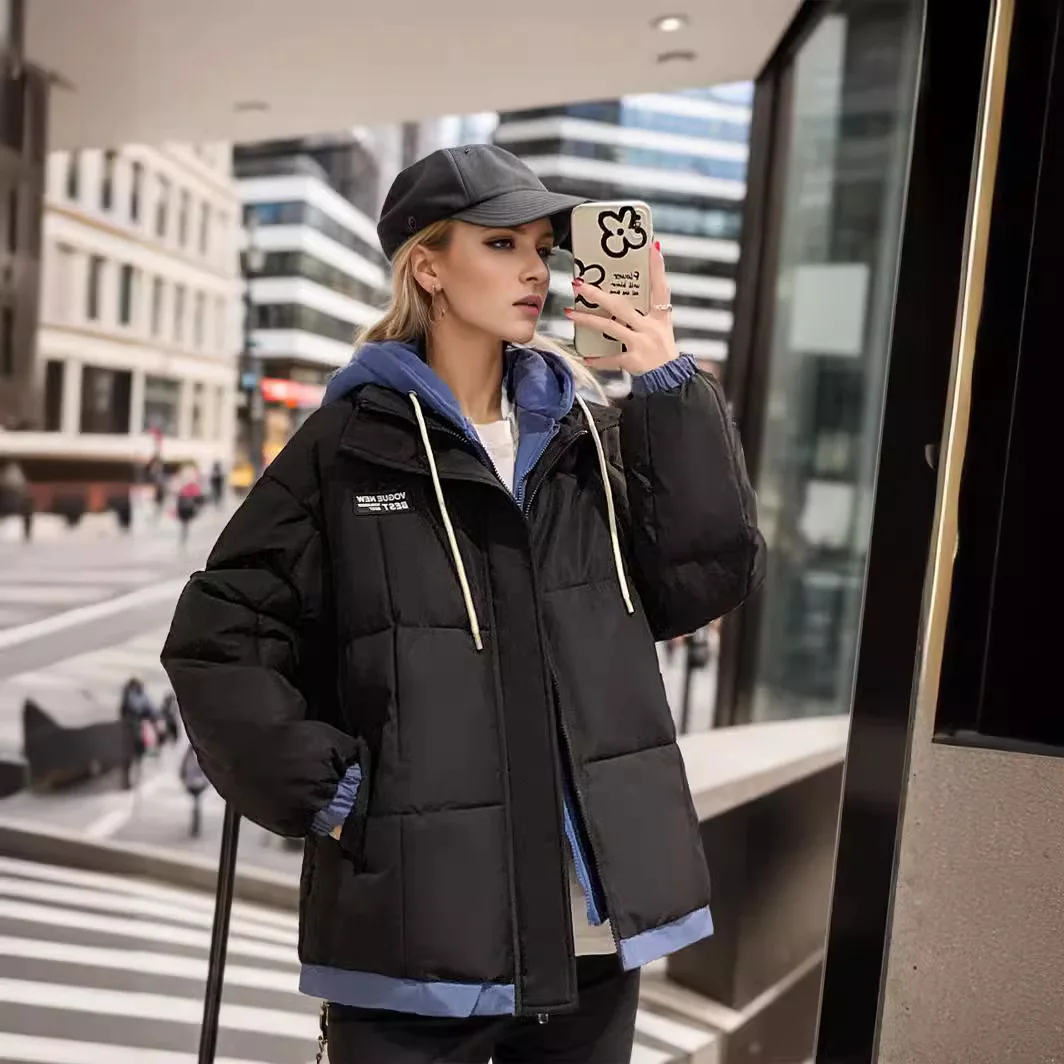 2025 Giacca invernale in cotone da donna Donna Falso in due pezzi Parka con cappuccio a contrasto Cappotti Giacca imbottita calda addensata da donna