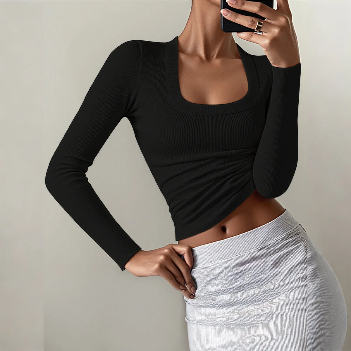

Tops Women Top Round Neck Full Sleeve Y2k Streetwear Vests Tees Solid Sheath Elegant Splice Casual Work Slim Fit 2025 Autumn