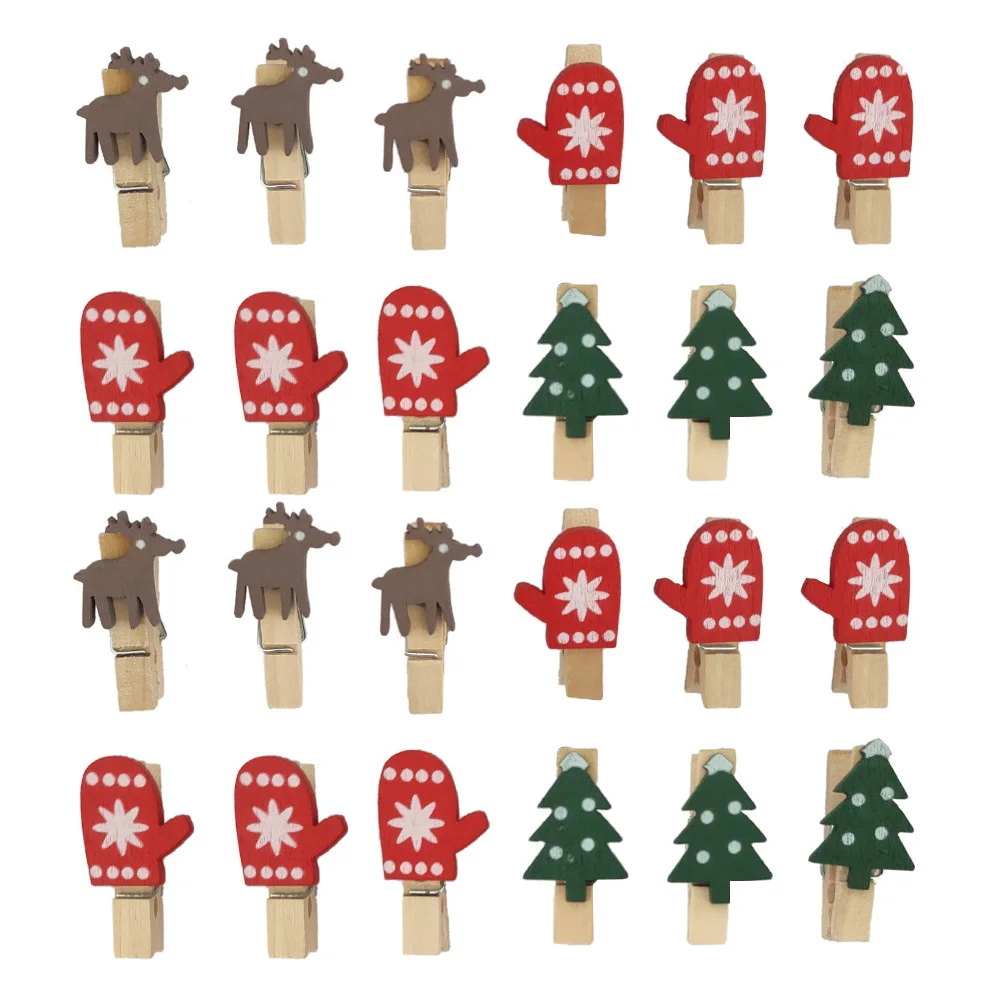 

24Pcs Wood Photo Clips Christmas Decoration Clamps Adorable Theme Shapes Sturdy Compact Structure Eco Friendly Material