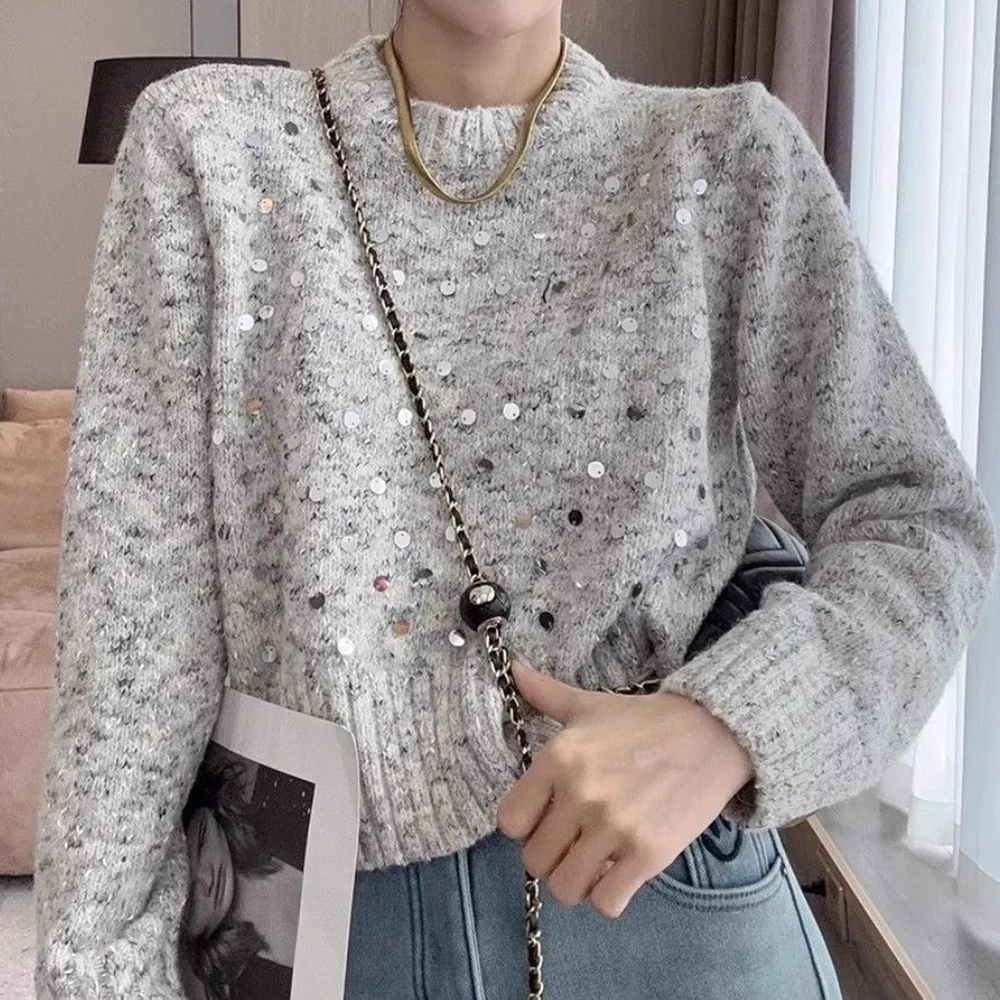 Retro sequined sweater women's 2025 new winter Korean lazy style high-end sense super good-looking knitted sweater top