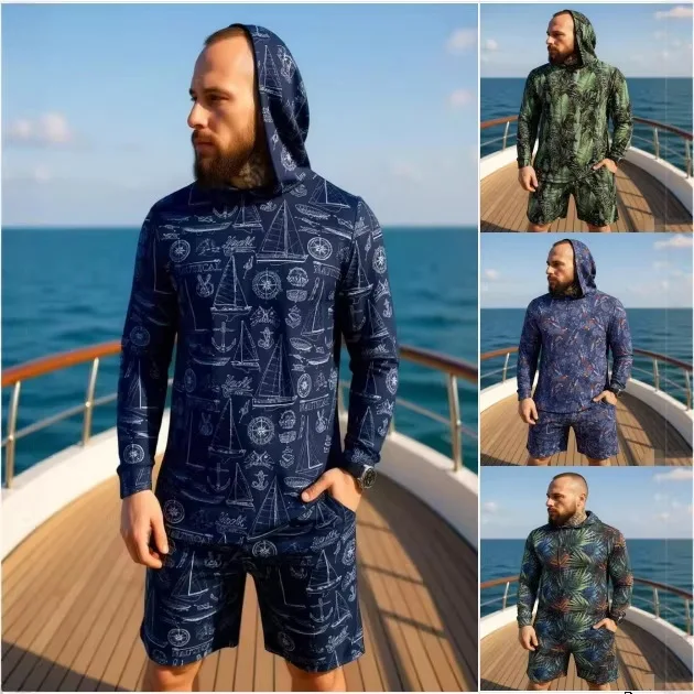 2026 New Camouflage Print Unisex Hooded Two Piece Set Long Sleeve Shirt Shorts Breathable Loose Summer Beach Streetwear Casual W