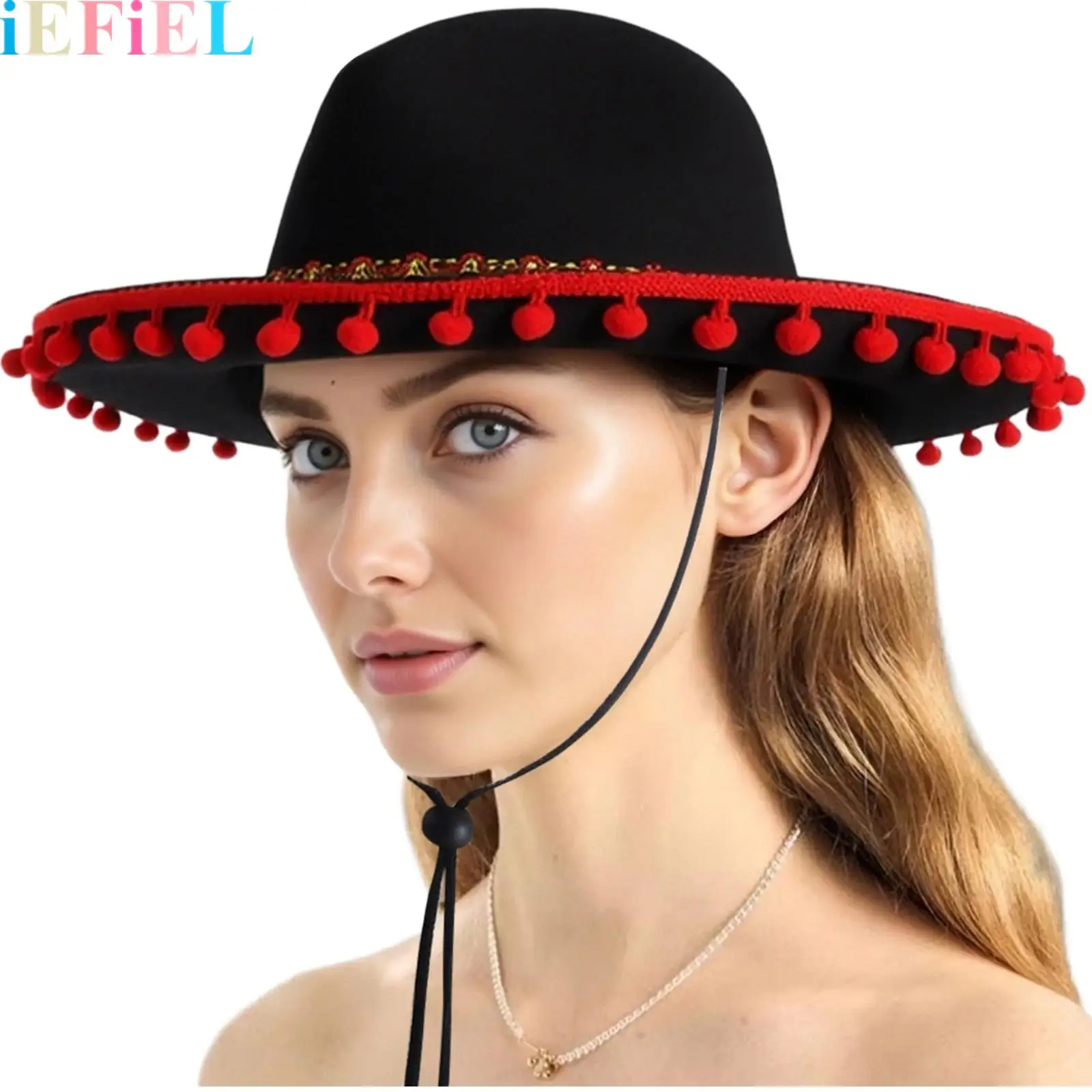 

Carnival Party Mexican Hat Wide Brim Felt Hat Woven Embellish Drawstring Hat Women Men Summer Outdoor Sun Hat Sombrero Halloween