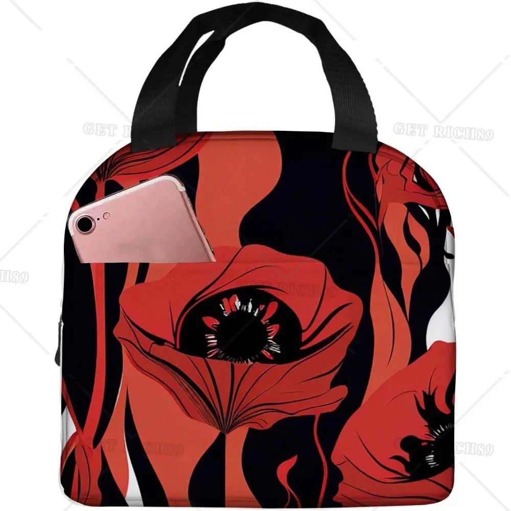 Black and Red Poppies Flowers Insulated Lunch Bag for Women Men Reusable Leakproof Lunch Box for Work Lunch Tote Bag with Pocket