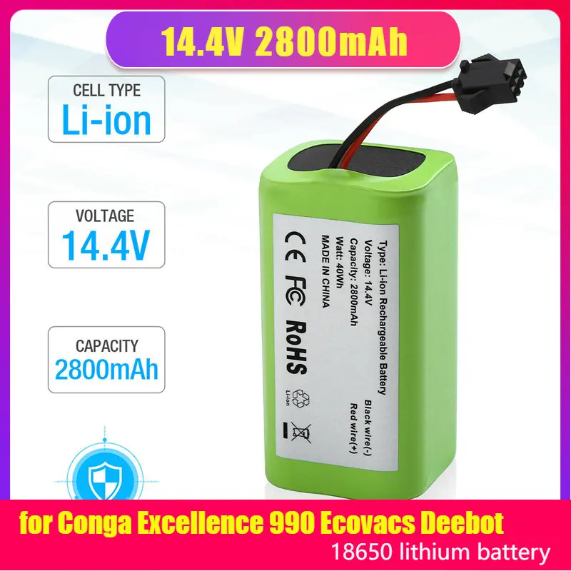 

14.4V 2800mAh 18650 Replacement Battery for Conga Excellence 990 Ecovacs Deebot N79S N79 DN622 Eufy Robovac 11 11S 12 15C 15S