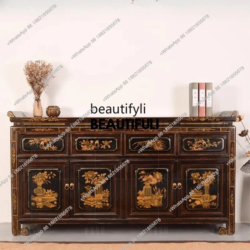 

ss8350 New Chinese antique classic furniture Solid wood dining side locker gold porch decoration corridor partition cabinet deco