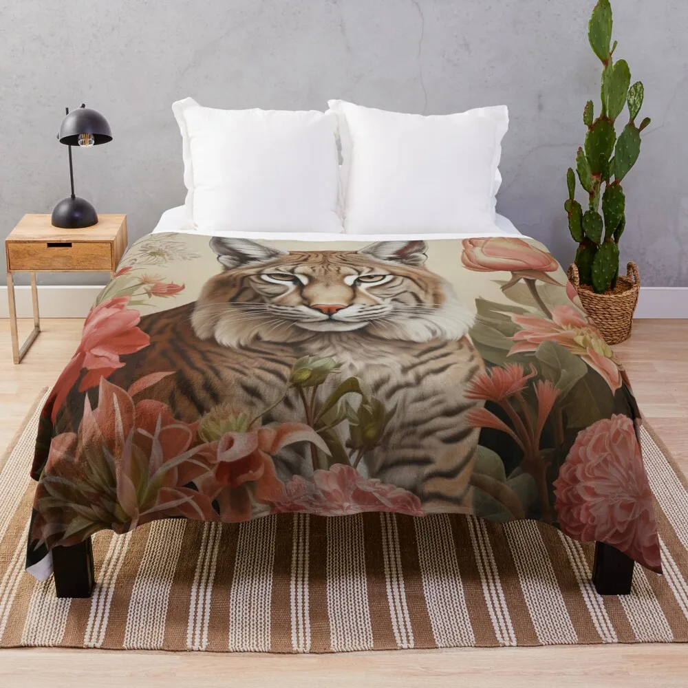 Lynx among the roses Throw Blanket Blankets Sofas Of Decoration for sofa Blankets