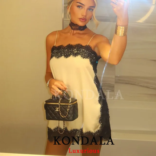 KONDALA Sexy Chic Satin Lace Square Collar Tops Women Side Split Cami Party Tops Fashion 2025 Evening Club Christmas Girl Tops