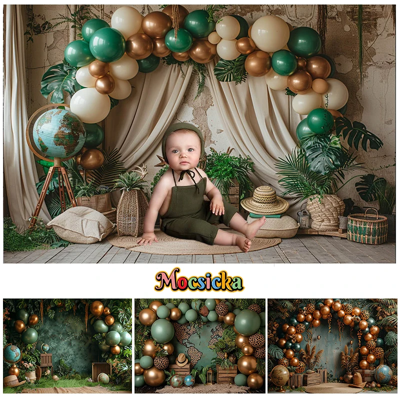 Mocsicka Photography Background Tropical Jungle Adventure Theme Balloon Decor Cake Smash Birthday Party Backdrop Photo Studio