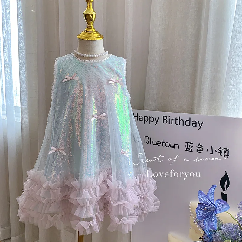 Meninas vestido de verão novas crianças borboleta lantejoulas colete vestido high-end princesa vestido da menina do bebê 2025 novas roupas infantis