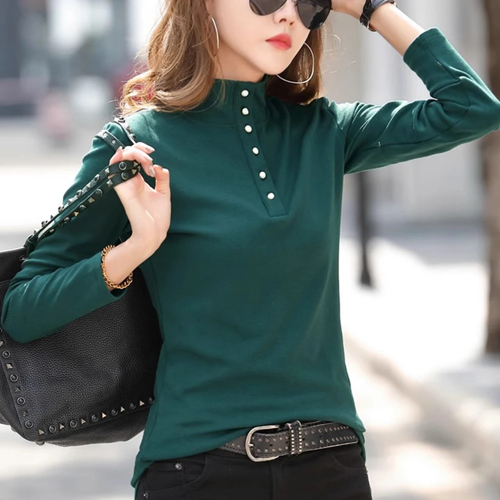 European Station High Neck Long sleeved T-shirt Women\'s Spring and Autumn New Fashion Light Luxury Pure Cotton Casual Large Top