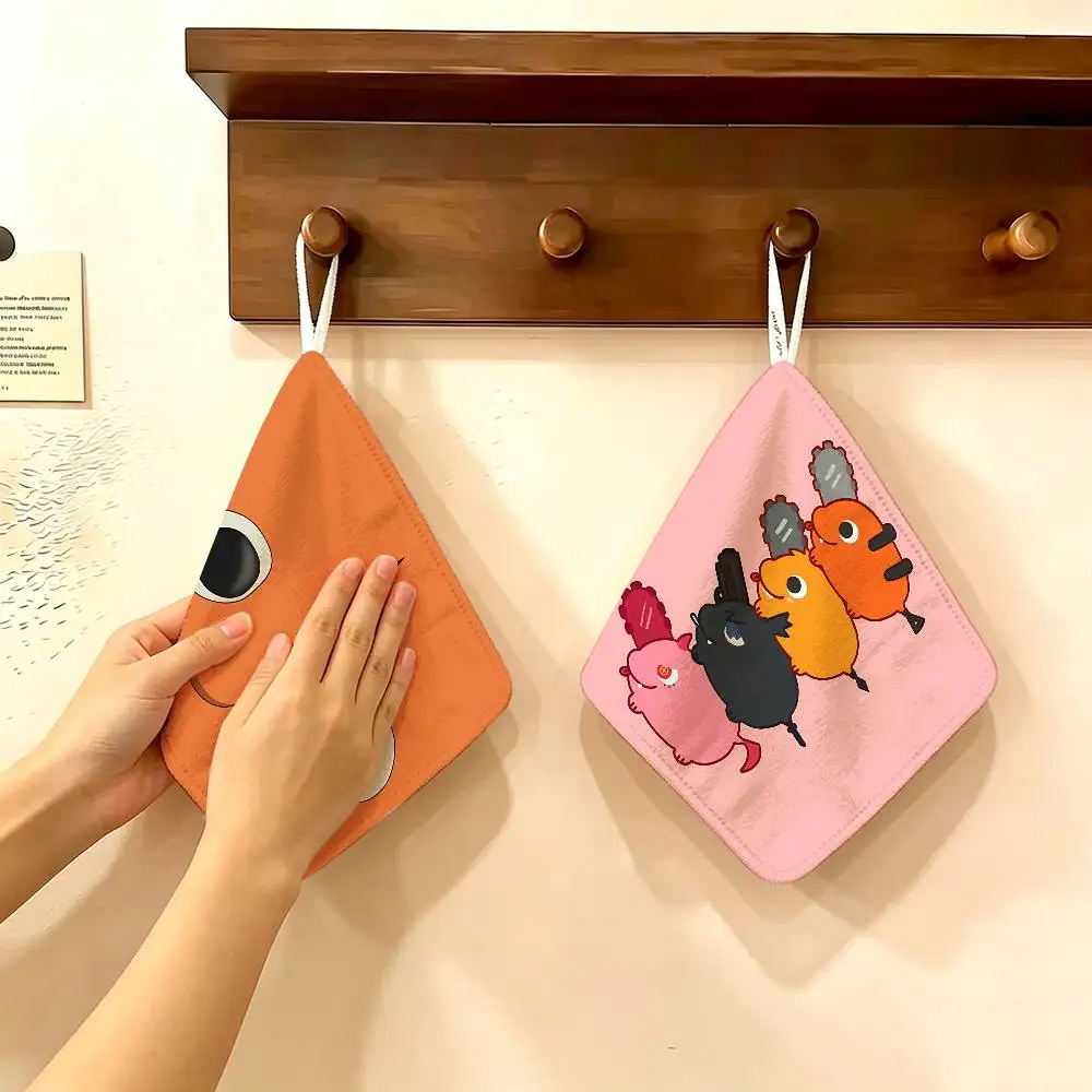 Chainsaw Man Pochita Polyester Cotton Hanging Kitchen Towel, Absorbent Hand Wiping Cloth for Daily Cleaning Drying