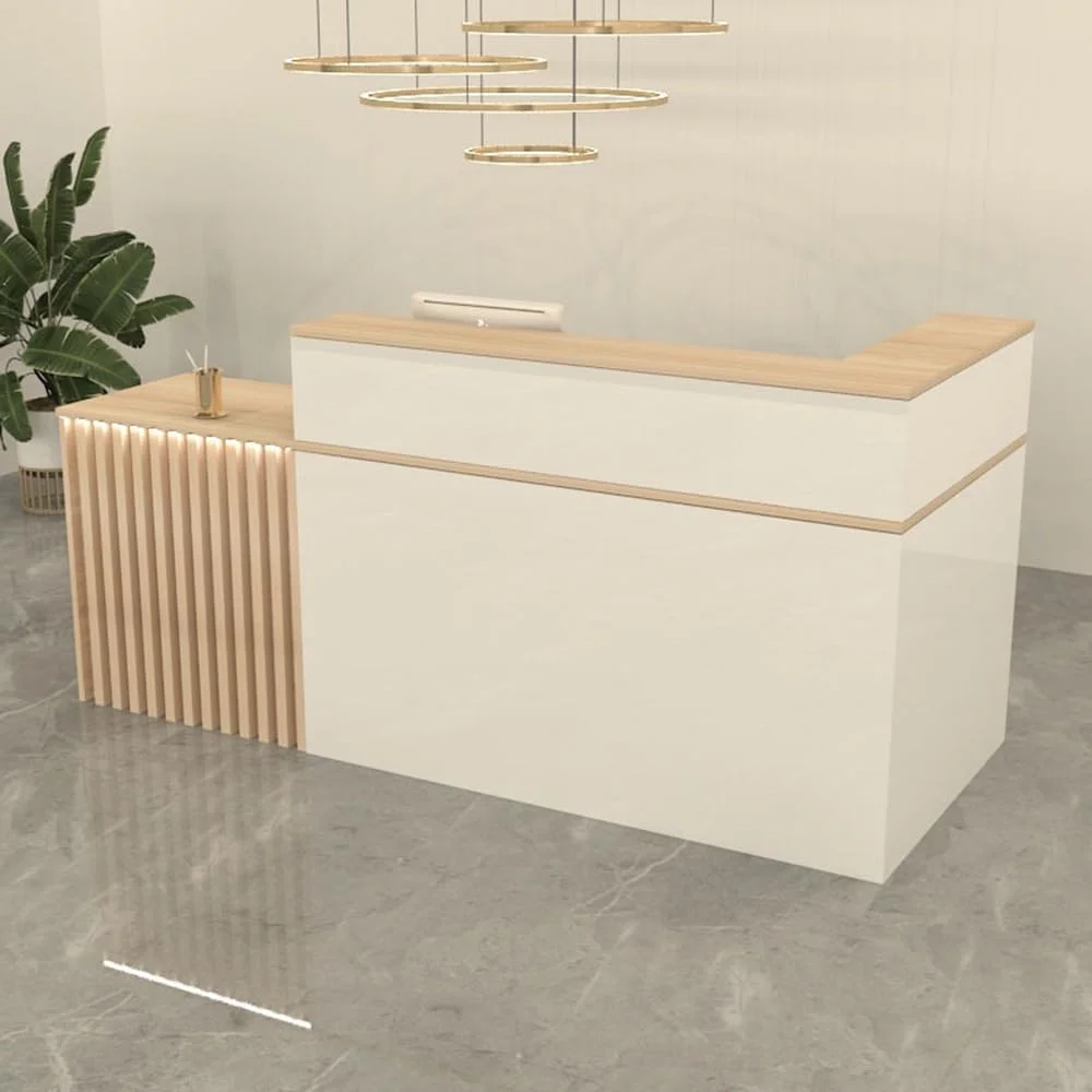 

L-Shape Checkout Counter Wood Reception Desk wih Keyboard Tray, Hutch, Desk Return and Lockable Drawer, Filing Cabinet