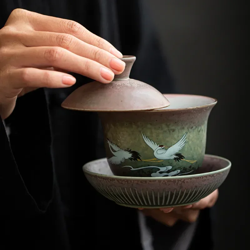 Anti-scald Large Ceramic Retro Tea Cover Bowl with Lid Sancai Gaiwan Single Tea Bowl Hand Painted Shining Crane Cover Bowl