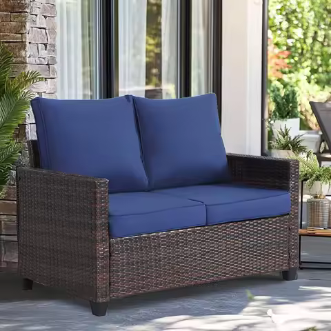 All-Weather Wicker Loveseat with Cushions Outdoor 2 Person Furniture for Garden Balcony Deck,Blue,Customized