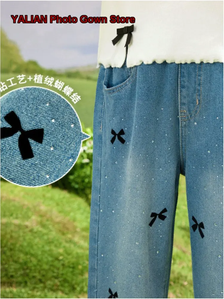 Girls Denim Casual Pants Autumn Distressed Embroidered Unique Older Kids