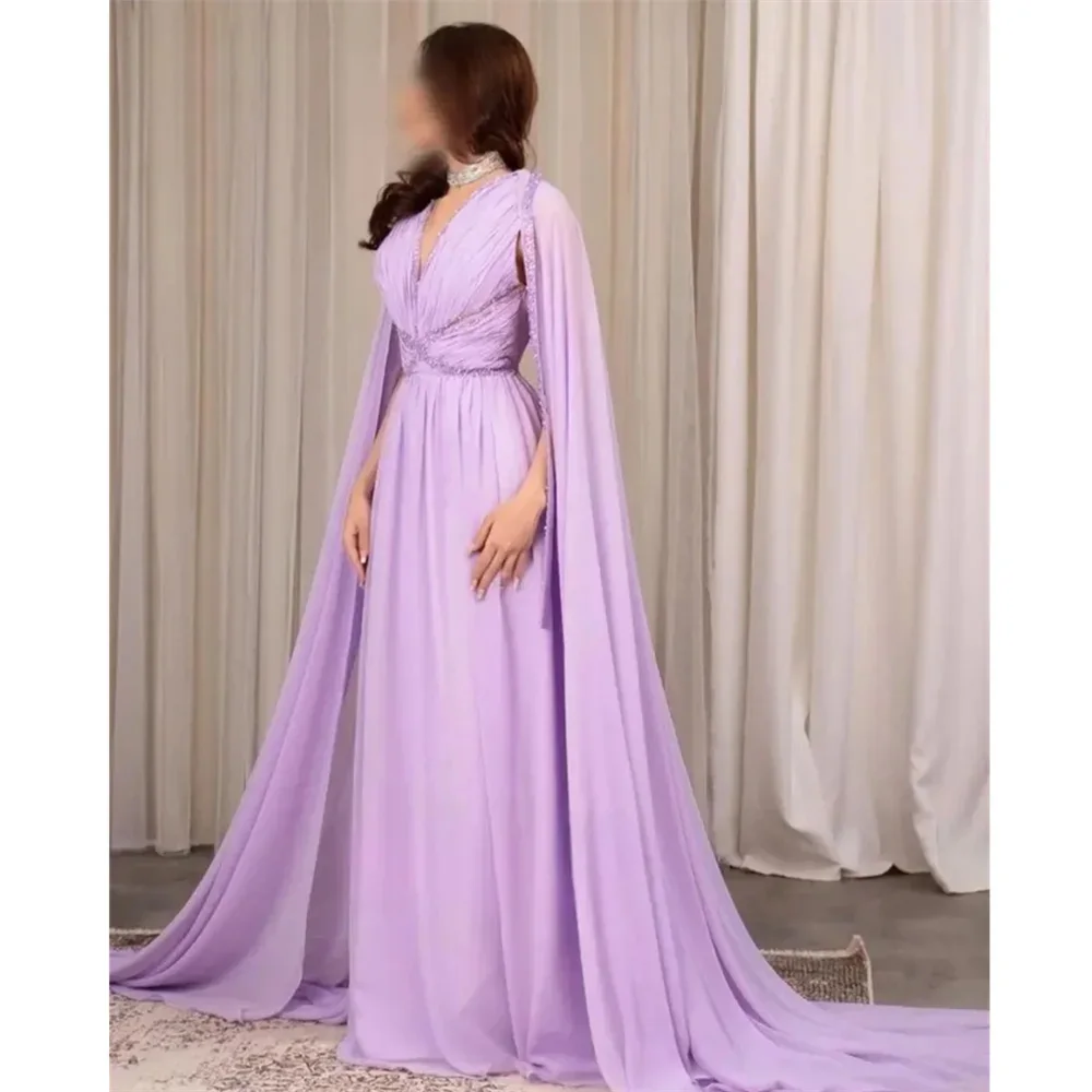 

Customized Elegant Lavender Chiffon Prom Dress With V-Neck And Detachable Shawl, Featuring Graceful Pleats And Long Train F