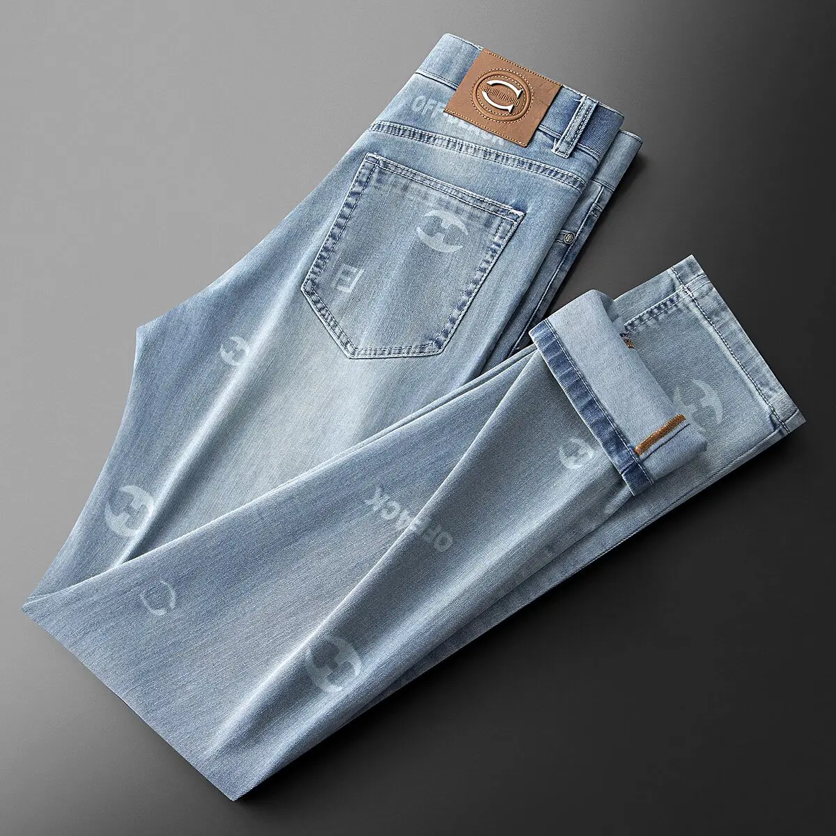 

Summer fashion trend: Personalized laser-burned elastic combed cotton men's slim straight casual jeans