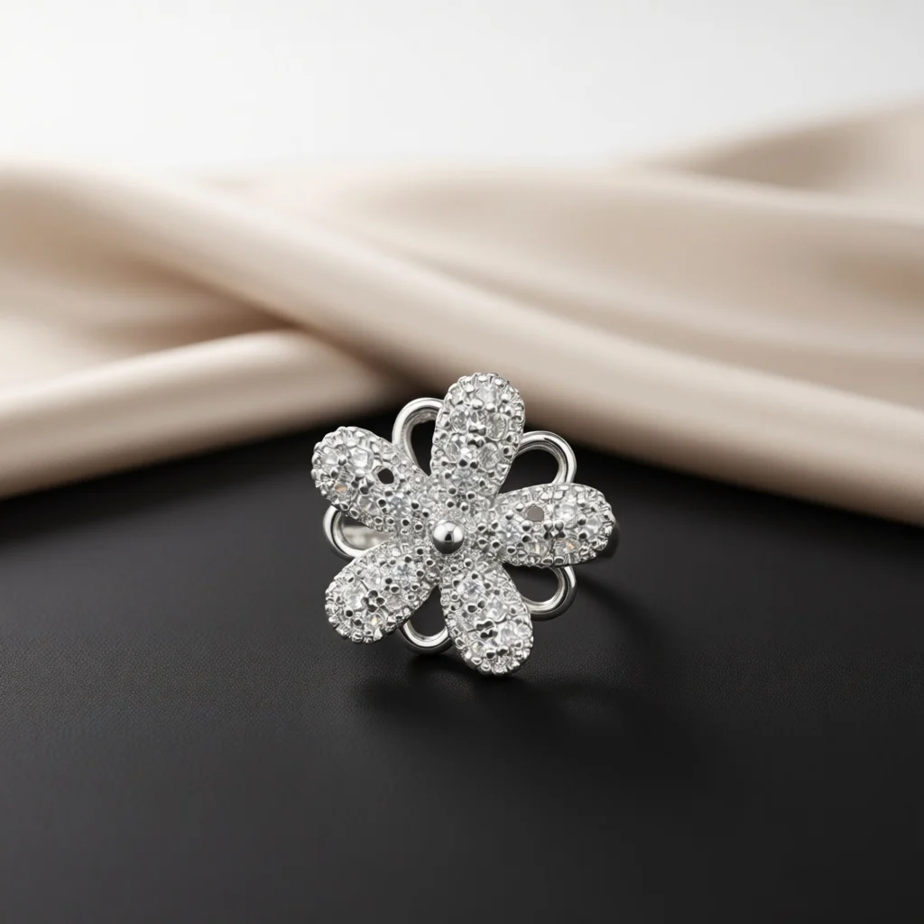 Women Silver‑Tone Flower Zircon Ring, Five Petal Fully Pave Clear Stone Hollow Frame Luxe Jewelry Gift for Party Anniversary