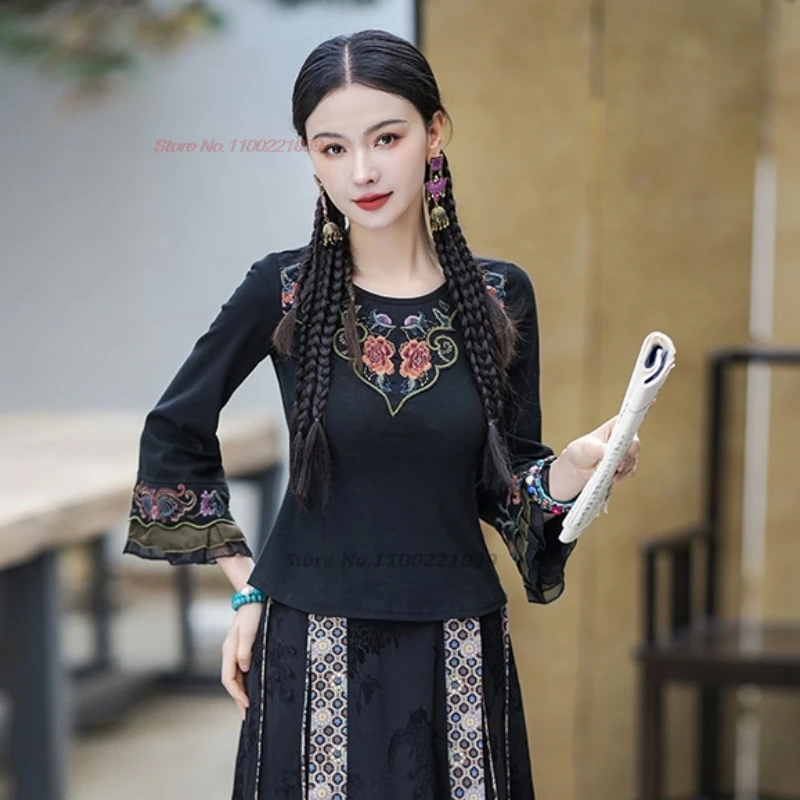 2025 national flower embroidery o-neck ethnic shirts traditional vintage folk shirt hanfu tops chinese retro streetwear t-shirt