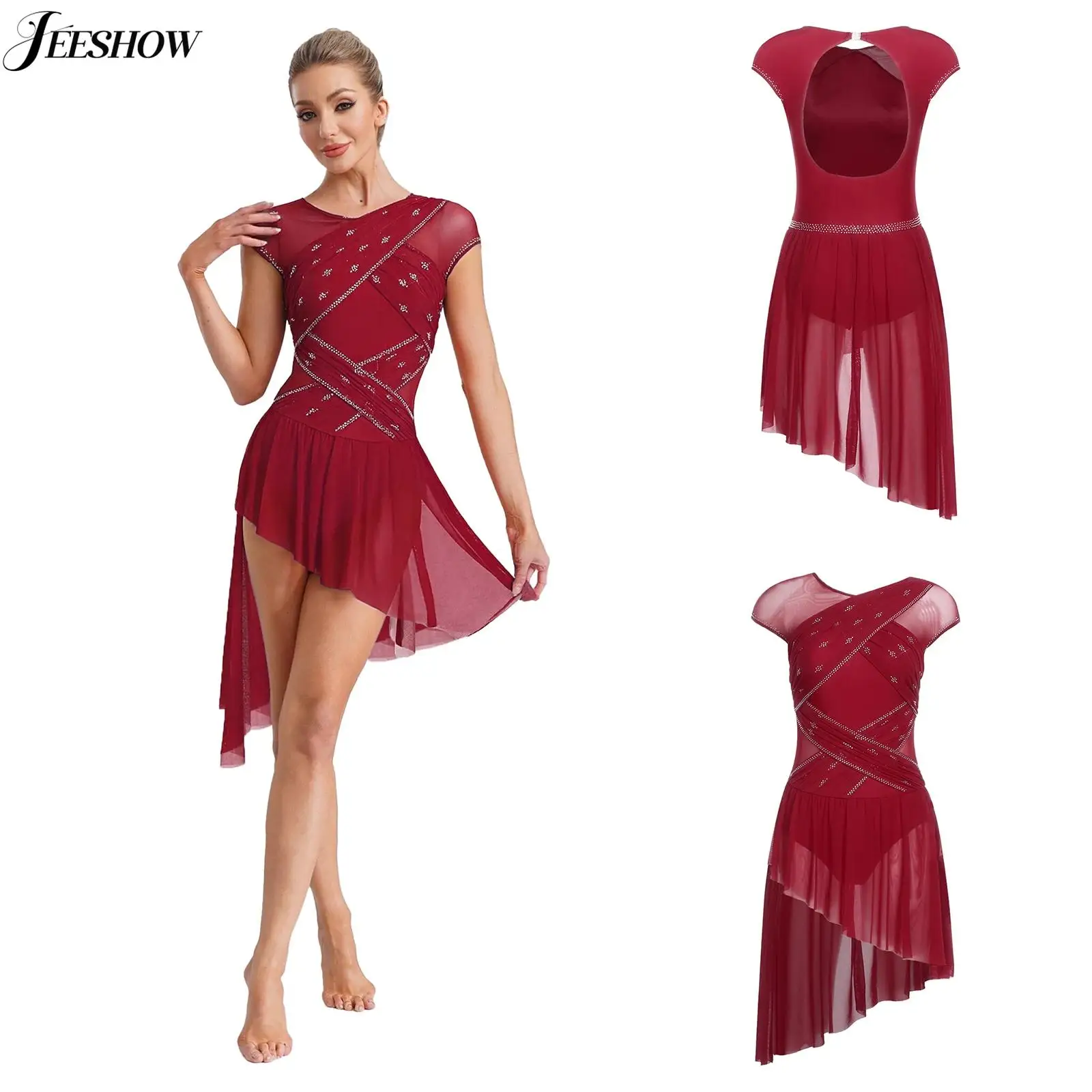 レディースフィギュアスケートダンスドレスメッシュパッチワーク不規則な裾チュールスカート付きレオタード叙情的なダンスパフォーマンス衣装ダンスウェア