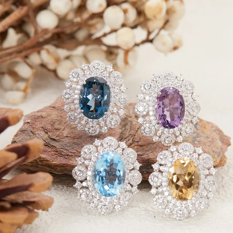Natural citrine amethyst topaz ring female Xiaohongshu Douyin live stream s925 silver colored treasure jewelry wholesale