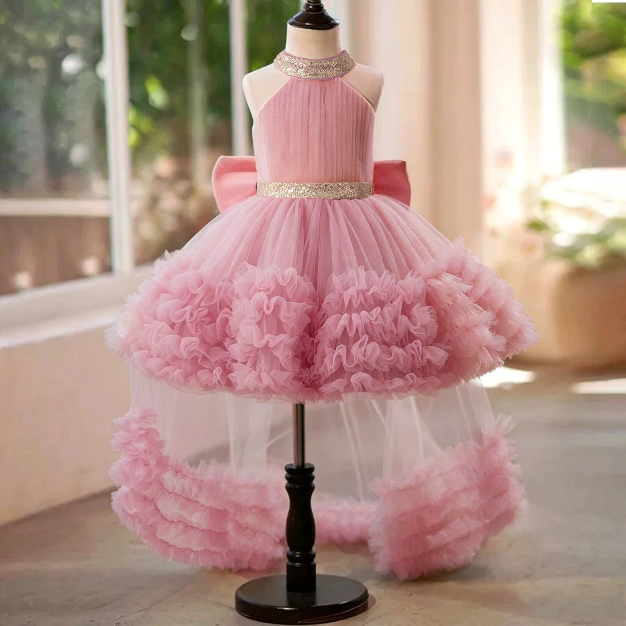 

Trailing Big Bow Party Baby Girls Dresses Sequin Baptism Bridesmaid Costume Toddler Birthday Princess Dress Wedding Evening Gown