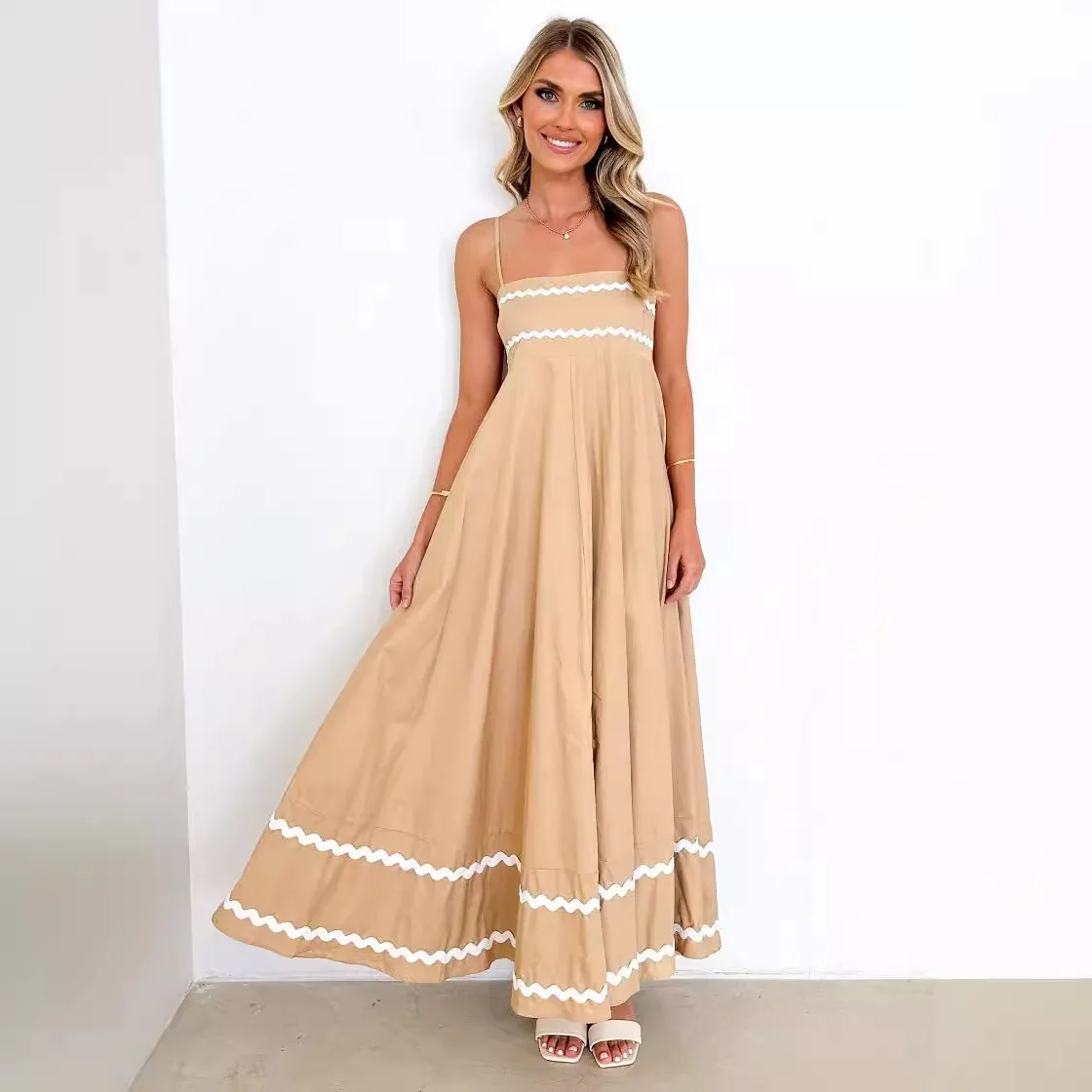 Europe and America 2024 Summer Strap Low Square Collar Layered Elegant Beach Holiday Party Long Dress