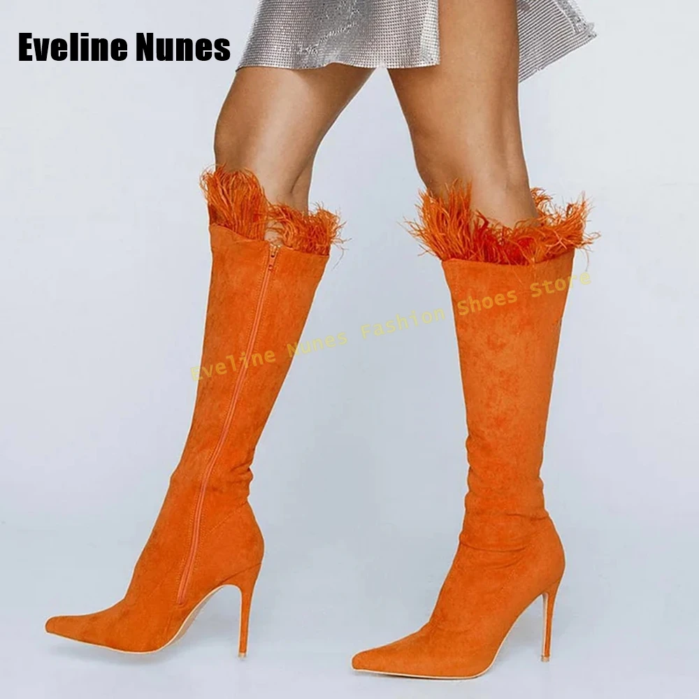 

Feather Decoration Orange Fashion Boots 2025 Street Style New Arrivals Pointed Toe Thin Heels Solid Pull On Lady Sexy Long Boots