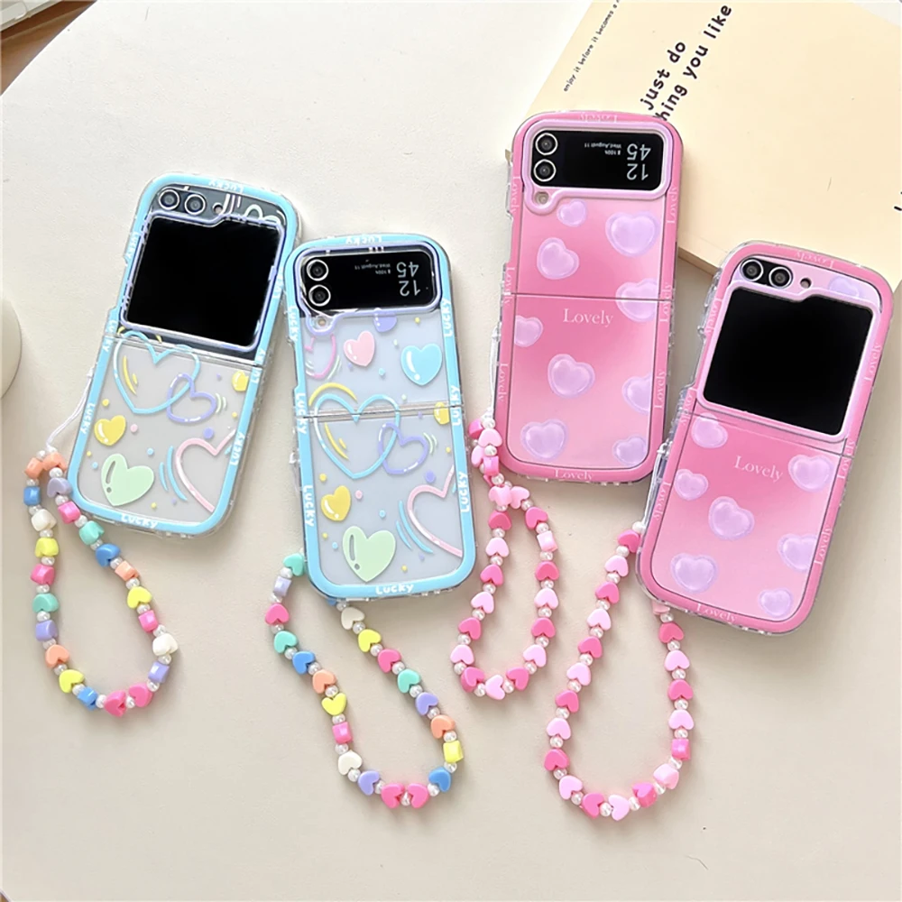 Cartoon Cute Love Bubbles with Bracelet Phone Case for Samsung Galaxy Z Flip 3 4 Z Flip 5 6 5G PC Hard Anti-drop Back Cover Gift