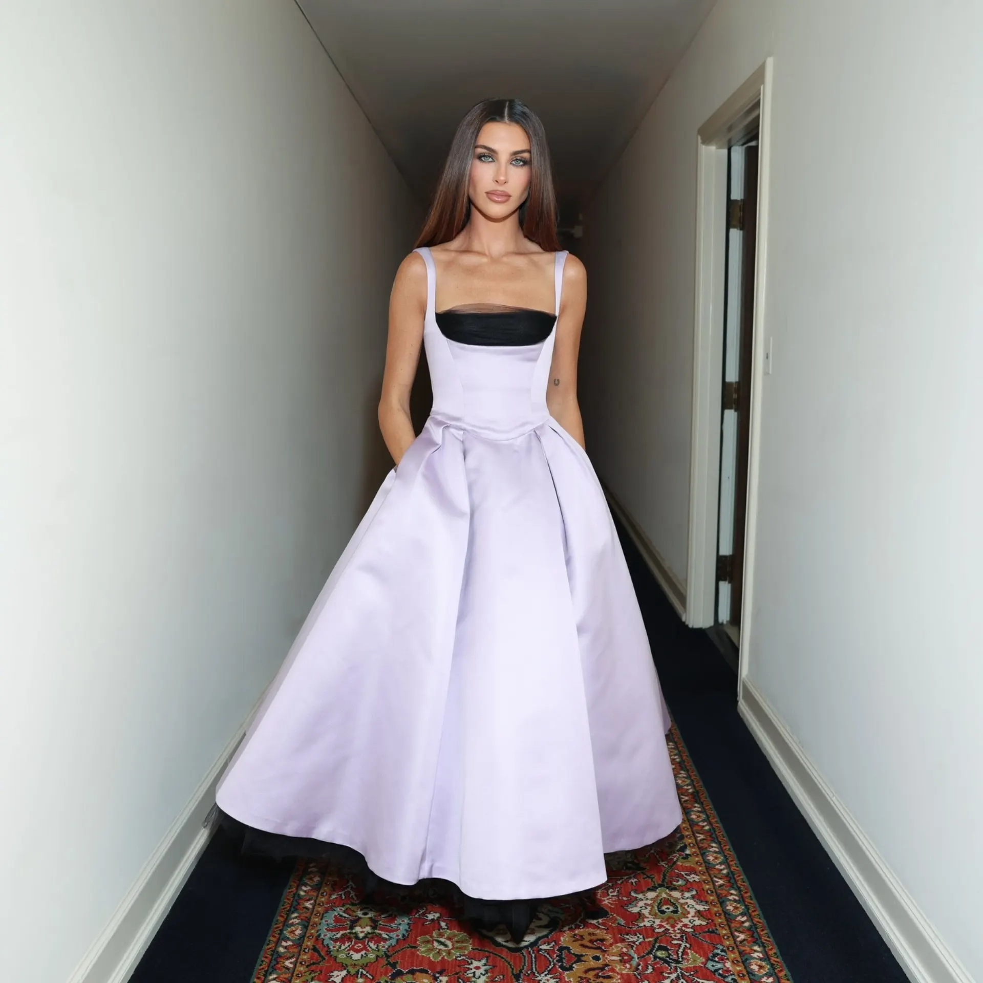 

Elegant Lavender A-Line Evening Dress with Black Mesh Detail – Summer Style Dress for Party & Wedding Puffy Formal Wedding Guest