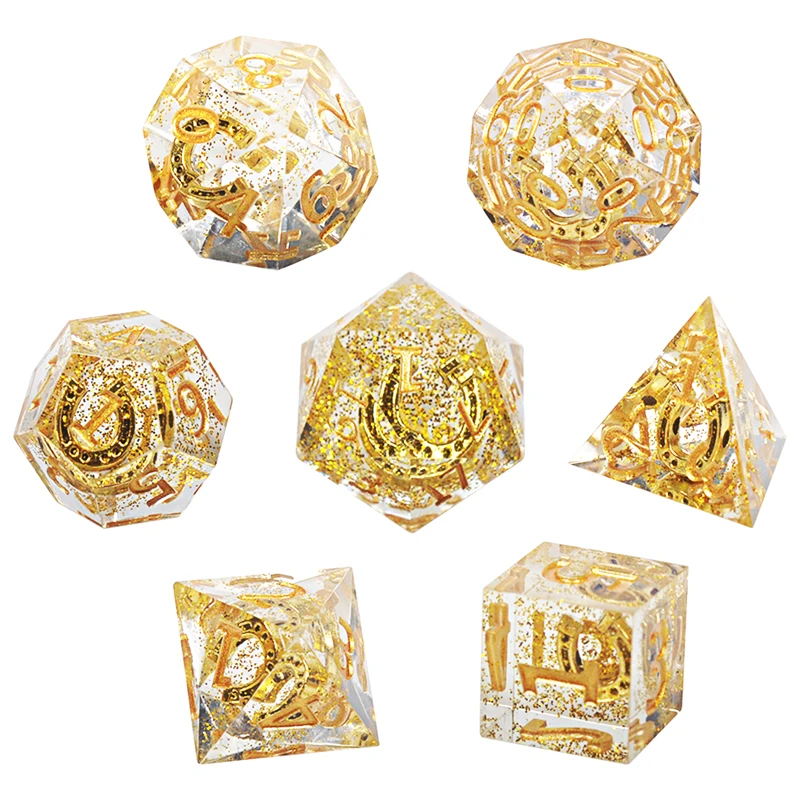 

DND Dice Set Transparent Resin Sharp Edge Filled with Lucky Horseshoe & Glitter Inside - 7 Polyhedral Gaming Dice for Borad Game