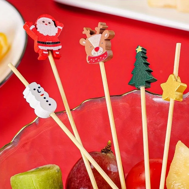 50/100 Stück festliche Weihnachts-Obstspieße mit Weihnachtsmann-, Schneeflocken- und Baumdesigns – Einweg-Bambusspieße für Partys, Desser – Detail 4