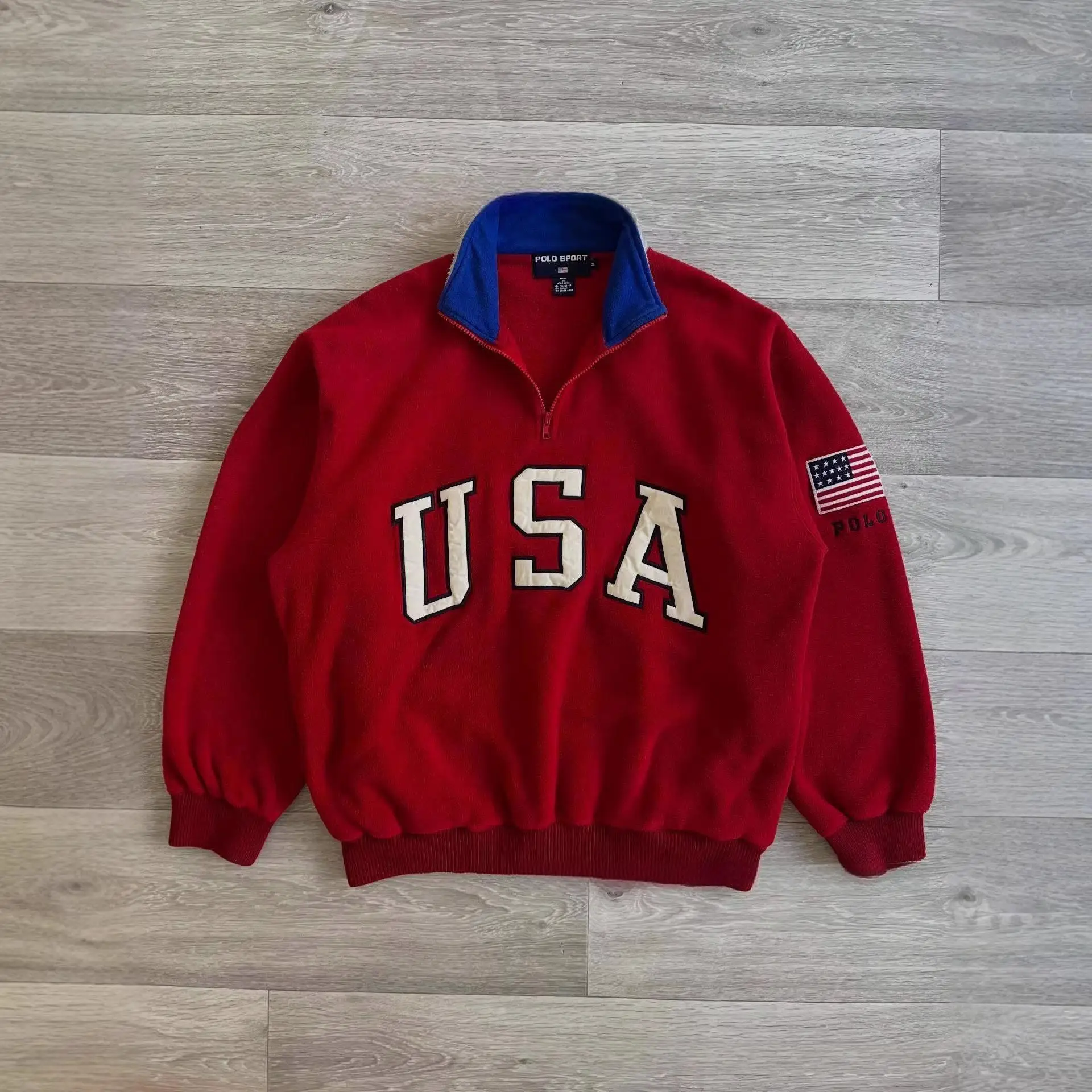 American street style retro color matching design high-necked cardigan American embroidery pattern design fashion hoodie unisex.