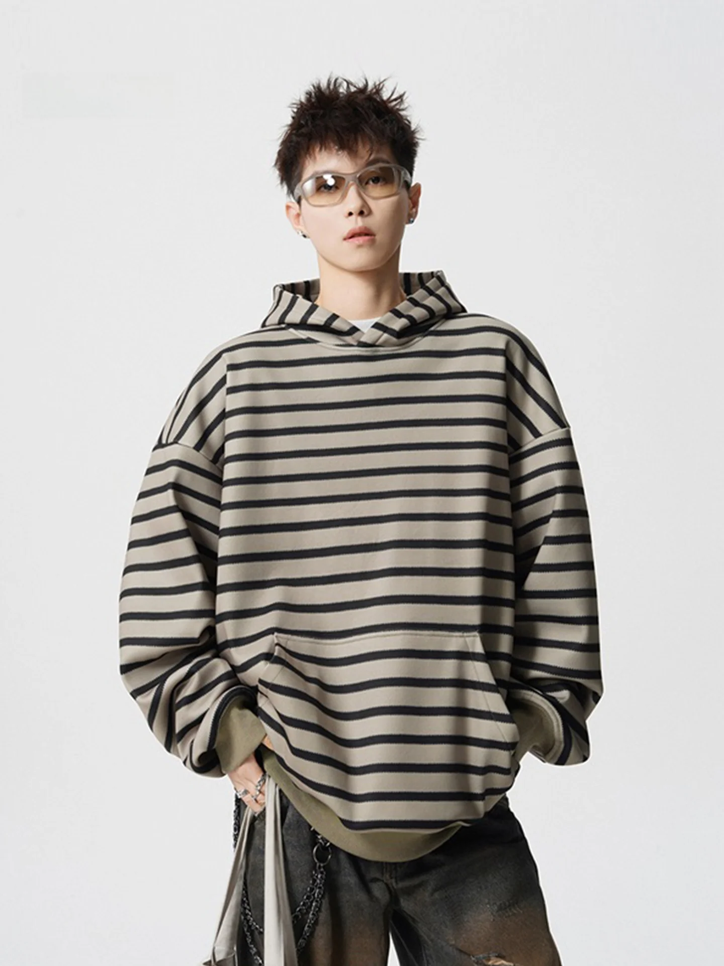 

American High Street Men's Hoodie Casual Striped Lazy Sle Loose Fit Comfortable Polyester Fiber Long Sve Sweatirt