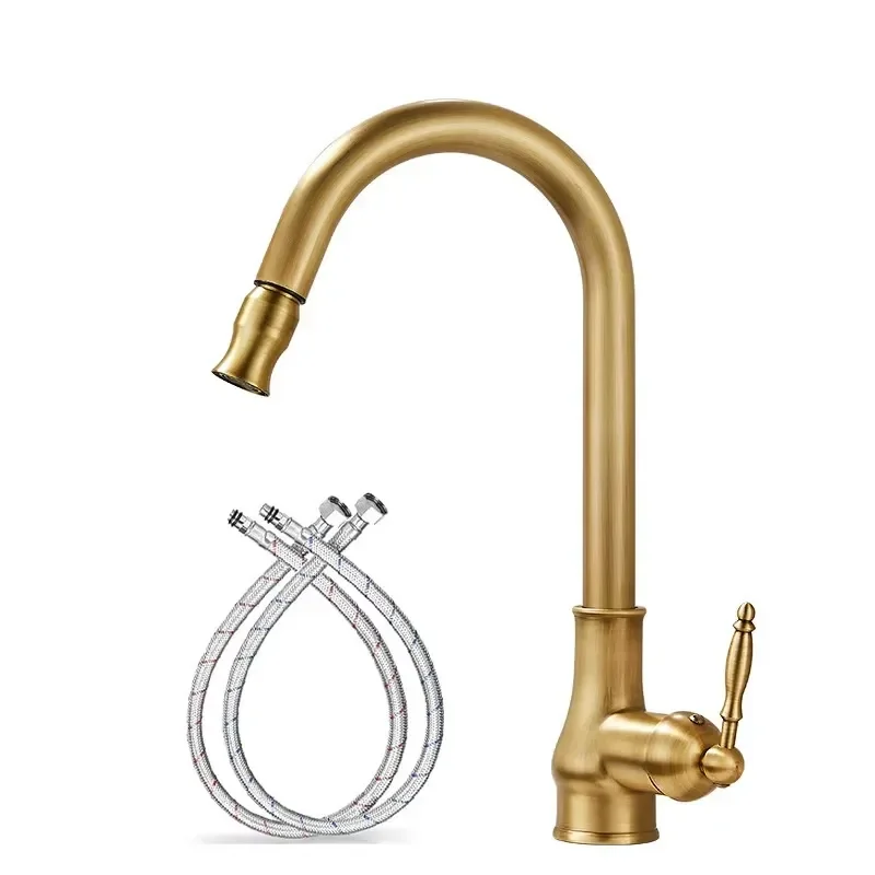 Antique Design Modern Single Handle Pull Kitchen Faucet Stainless Steel Single Hole Mount with Ceramic Sprayer Spool