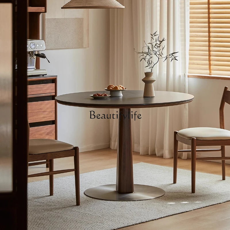 

Slate round table black household round small apartment walnut solid wood dining table