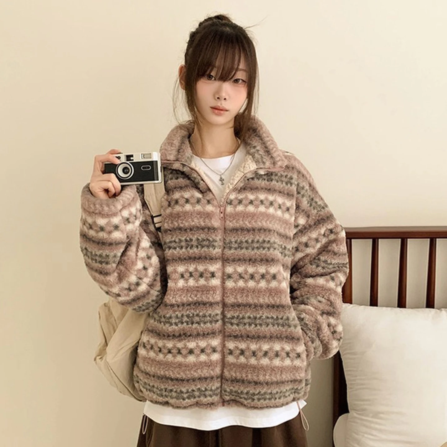 الرجعية معرض جزيرة متماسكة الدافئة فرو الضأن ort Jaet المرأة شتاء جديد Dstring تنوعا ملابس قطنية الكورية Sle فضفاضة تناسب