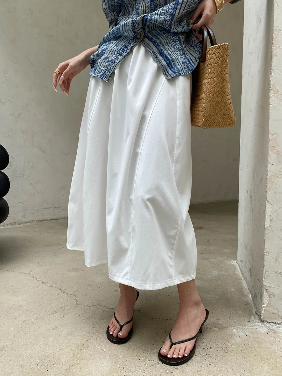 

Summer women's casual solid color French split splicing elastic high waisted loose A-line skirt