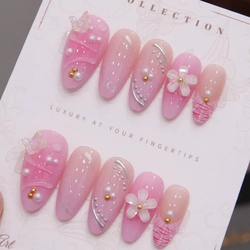 Pink 3D Flower Bow Press On Nails,Sweet Girl Medium Almond False Nails,Luxury Removable Reusable Popular Manicure Nail Tips