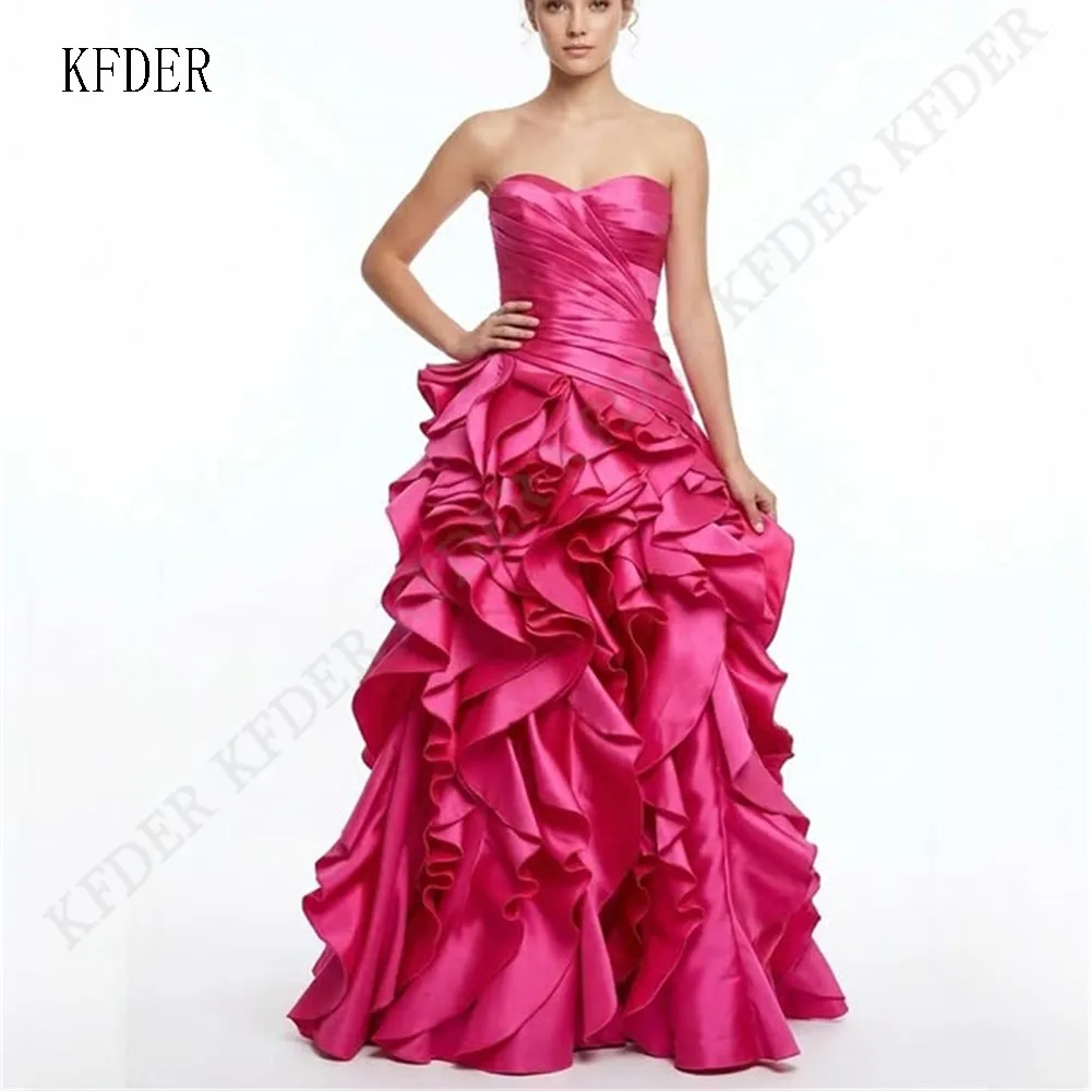 

Fuschia A-Line Strapless Ruched Tiered Evening Dresses Sleeveless Sweetheart Formal Dresses for Women Prom Gowns Custom Made