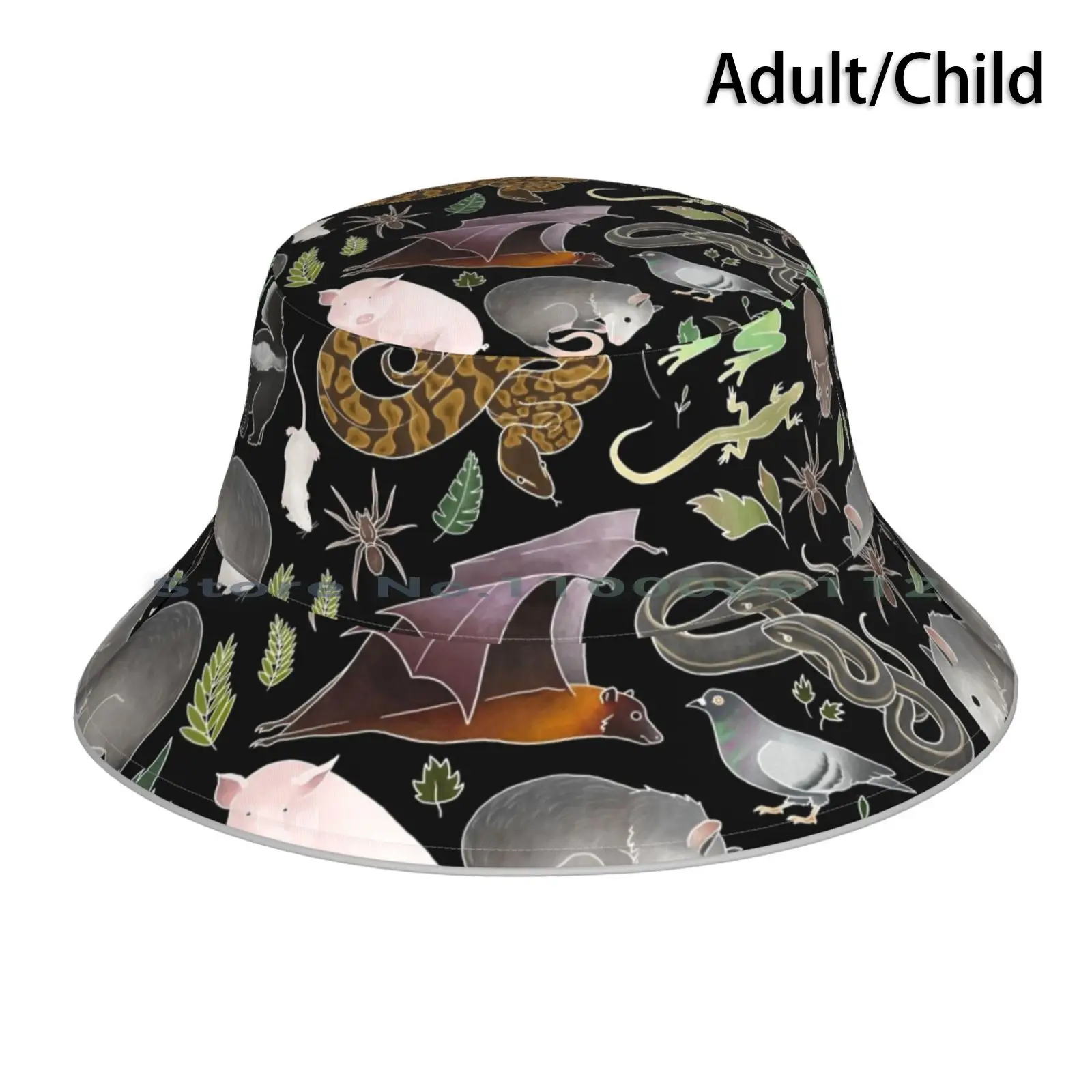 “gross” Animals On Black Bucket Hat Sun Cap Animals Gross Animal Pattern Raccoon Frog Rat Mouse Skunk Opossum Ball Python