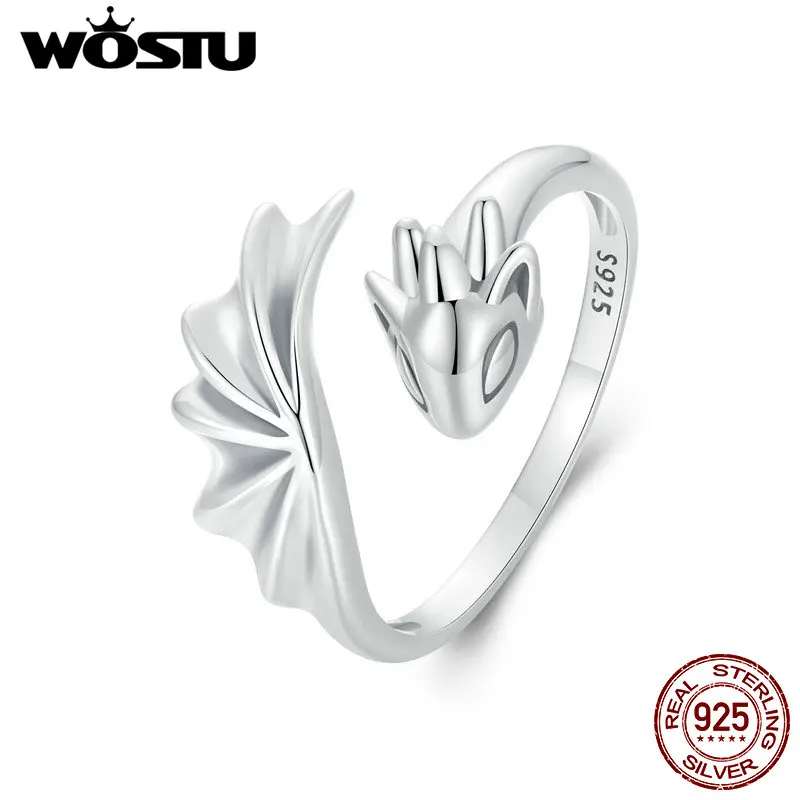 WOSTU 925 Sterling Silver Retro Flying Dragon Opening Ring For Women Lucky Gothic Animal Stackable Rings Party Punk Hiphop Gift