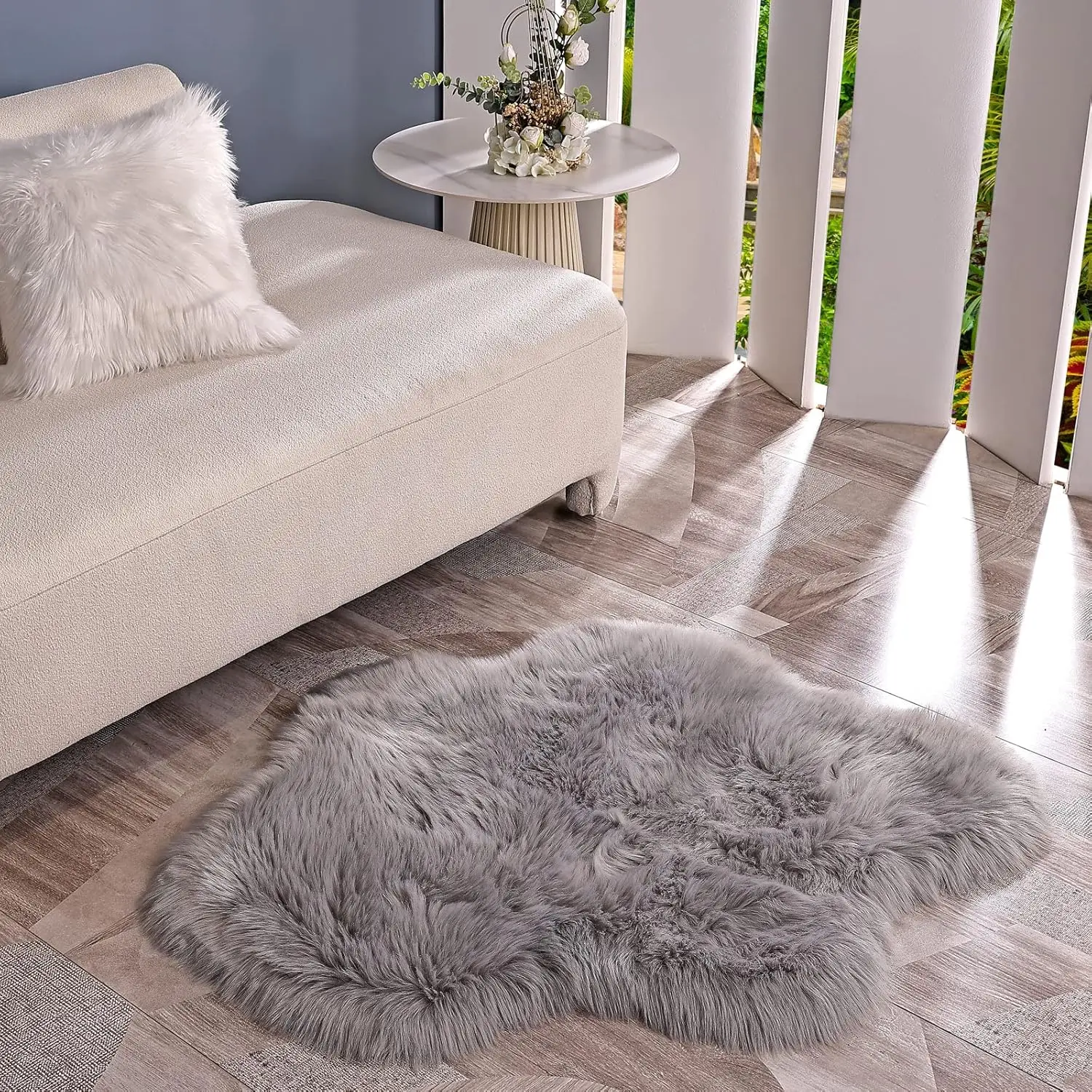 Soft Faux Sheepskin Fur Rug Fluffy Fur Chair Cover Seat Pad Non-Slip Area Rug For Bedroom Living Room Floor Kids Room (Gray,