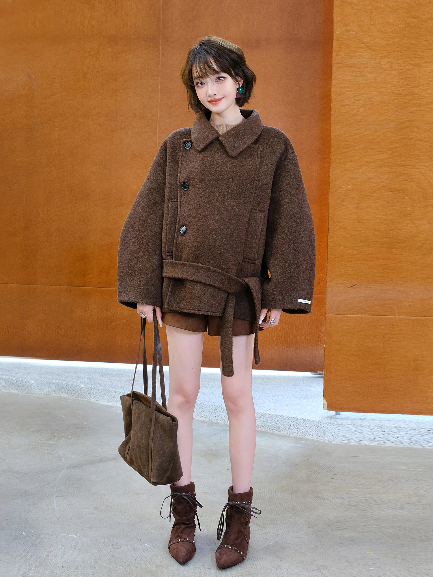 

MIUCO ort Double-Faced Woolen Coat with Collar for Women Long Sve Autumn Winter Faion Outerwear Sli Chinese Brand