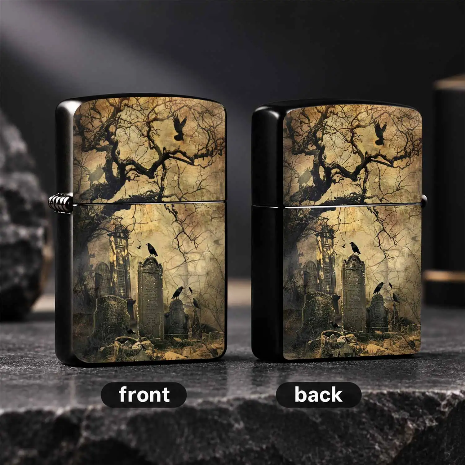 Vintage Graveyard Crows Bare Tree Art Printed Lighter, Retro Aesthetic Portable Daily Use Item, Ideal For Outdoor Trips, Vintage Style Matching, Unique Creative Decorative Accessory, Perfect For Personal Gifting To Like Minded Pals A Humoro