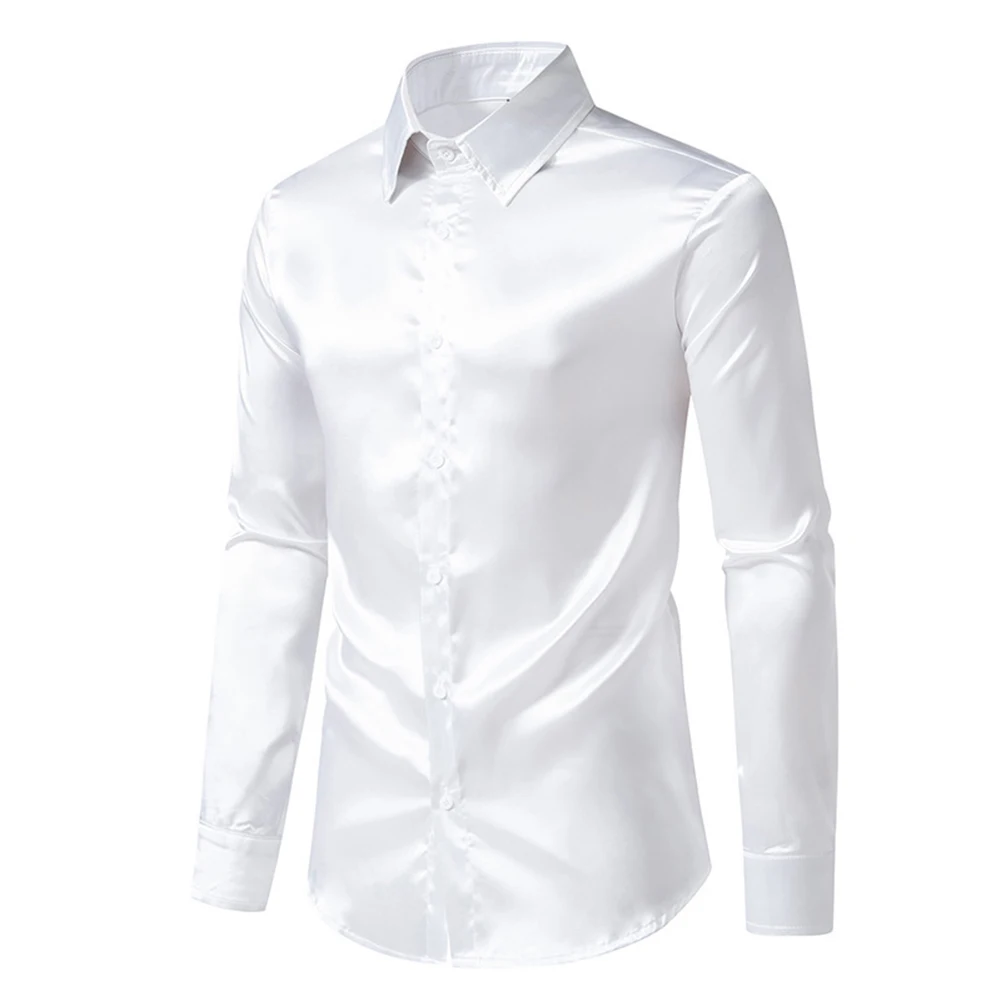 Men\'s Casual Satin Silk Shirts Single Breasted Button Lapel Collar Dress Shirt Slim Fit Fashion Party Long Sleeve Tops Clothing